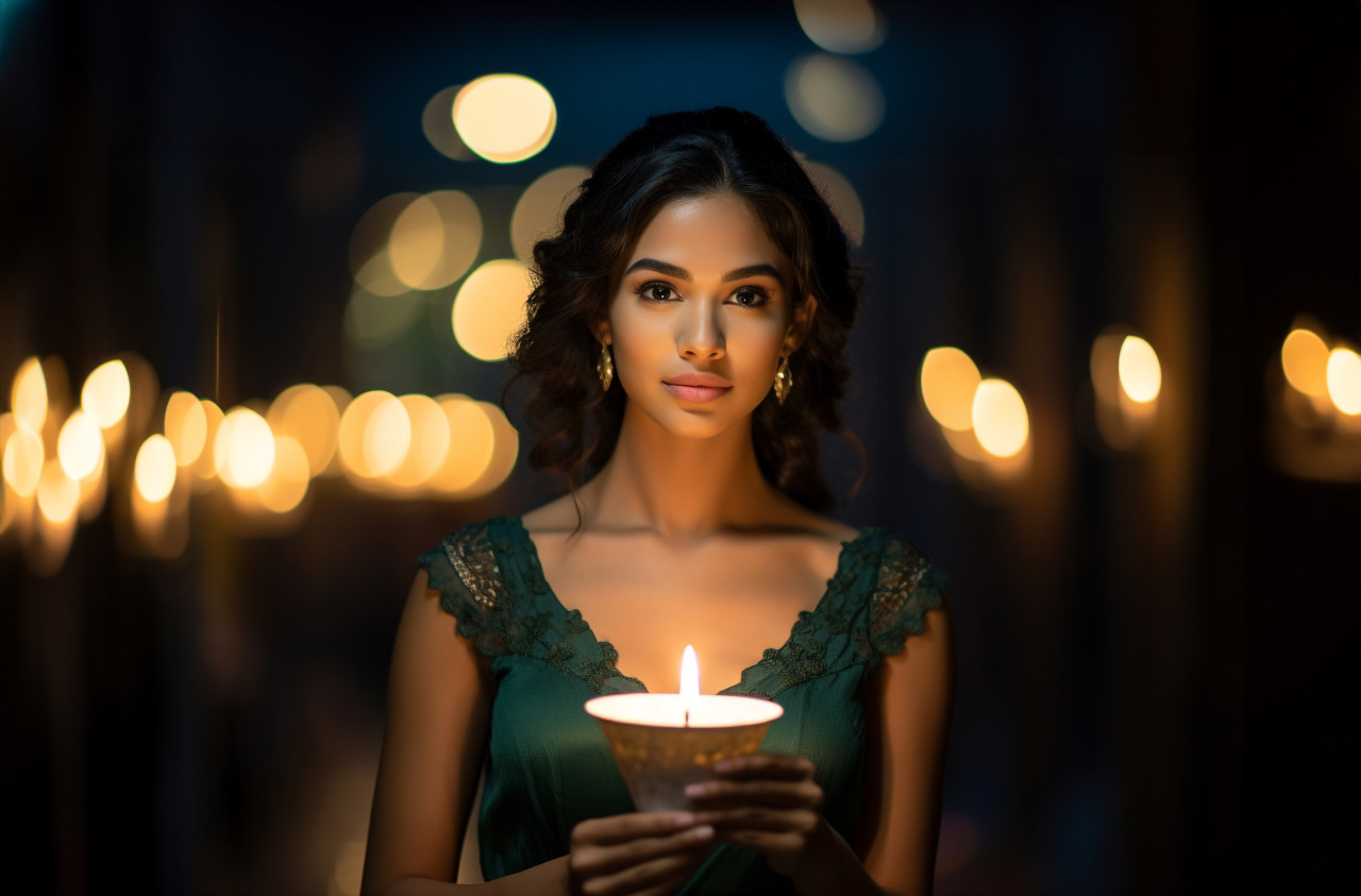 Diwali celebration with young indian woman, diwali festival stock image, diwali festival ai prompt