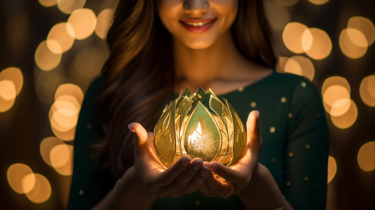 Woman holding in diwali illumination lamp, diwali festival stock image, diwali festival ai prompt