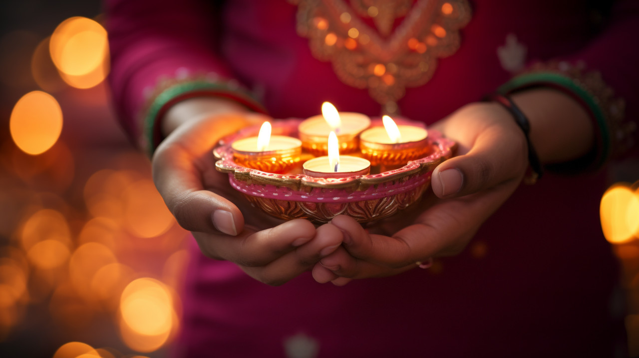 Diwali celebration with people holding diyas or candles, diwali festival stock image, diwali festival ai prompt