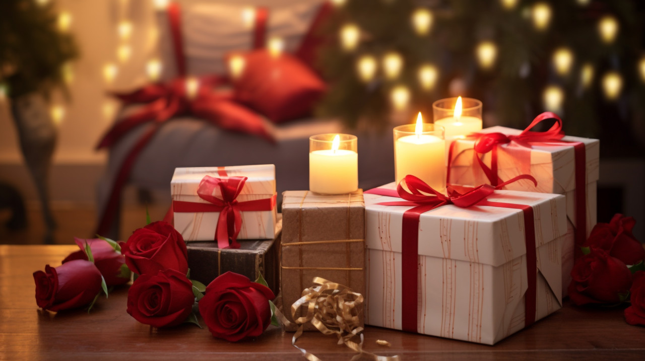 Wooden boxes with red ribbons and candles, diwali festival stock image, diwali festival ai prompt