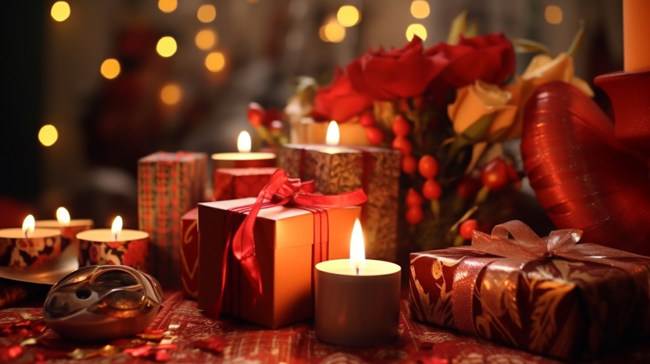 Happy diwali with candles and gift sets along with many other gifts, diwali festival stock image, diwali festival ai prompt