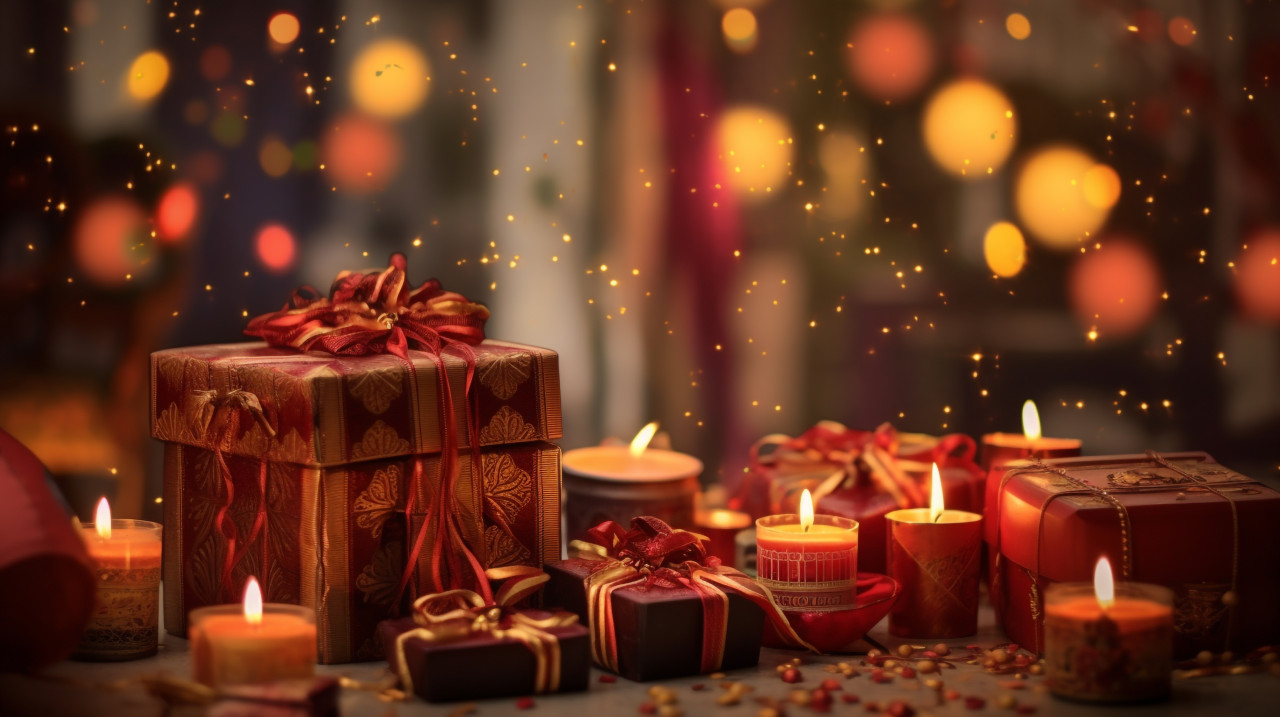 Diwali celebration with candles and gifts, diwali festival stock image, diwali festival ai prompt