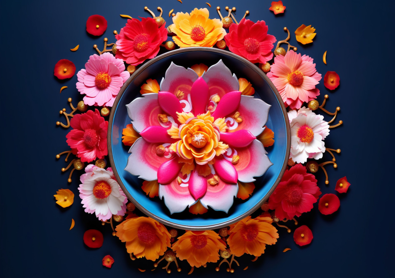 Rangoli decoration of an orange flower in a bowl, diwali festival stock image, diwali festival ai prompt