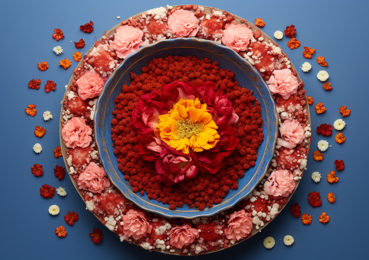 Rangoli decoration with orange flower in bowl, diwali festival stock image, diwali festival ai prompt