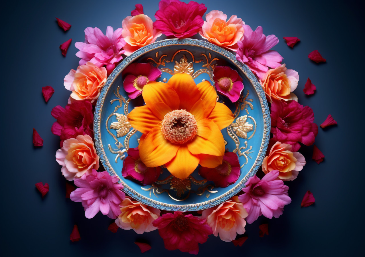 Beautiful rangoli decoration with orange flower, diwali festival stock image, diwali festival ai prompt