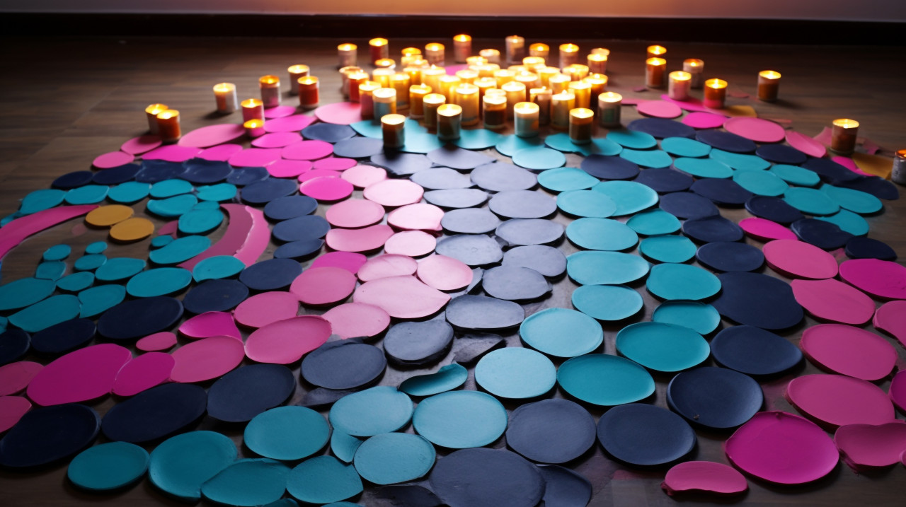 Brightly colored rangoli with candles, diwali festival stock image, diwali festival ai prompt