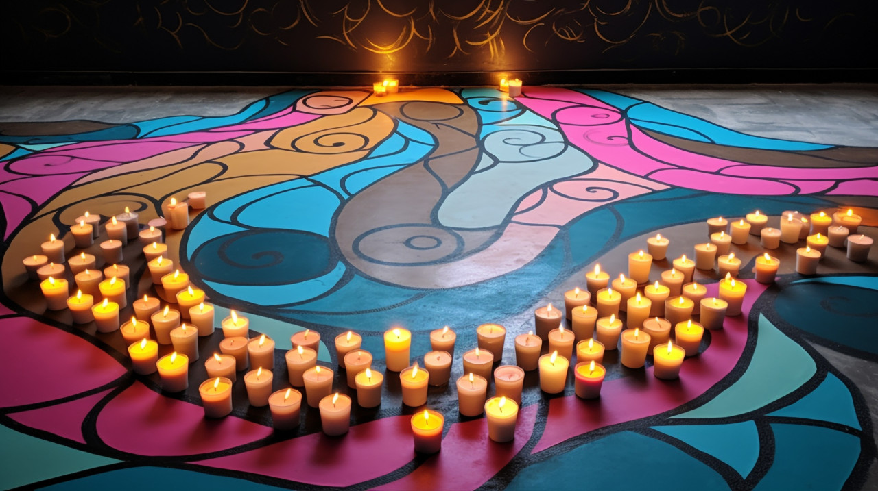 Rangoli with candles in a garden, diwali festival stock image, diwali festival ai prompt