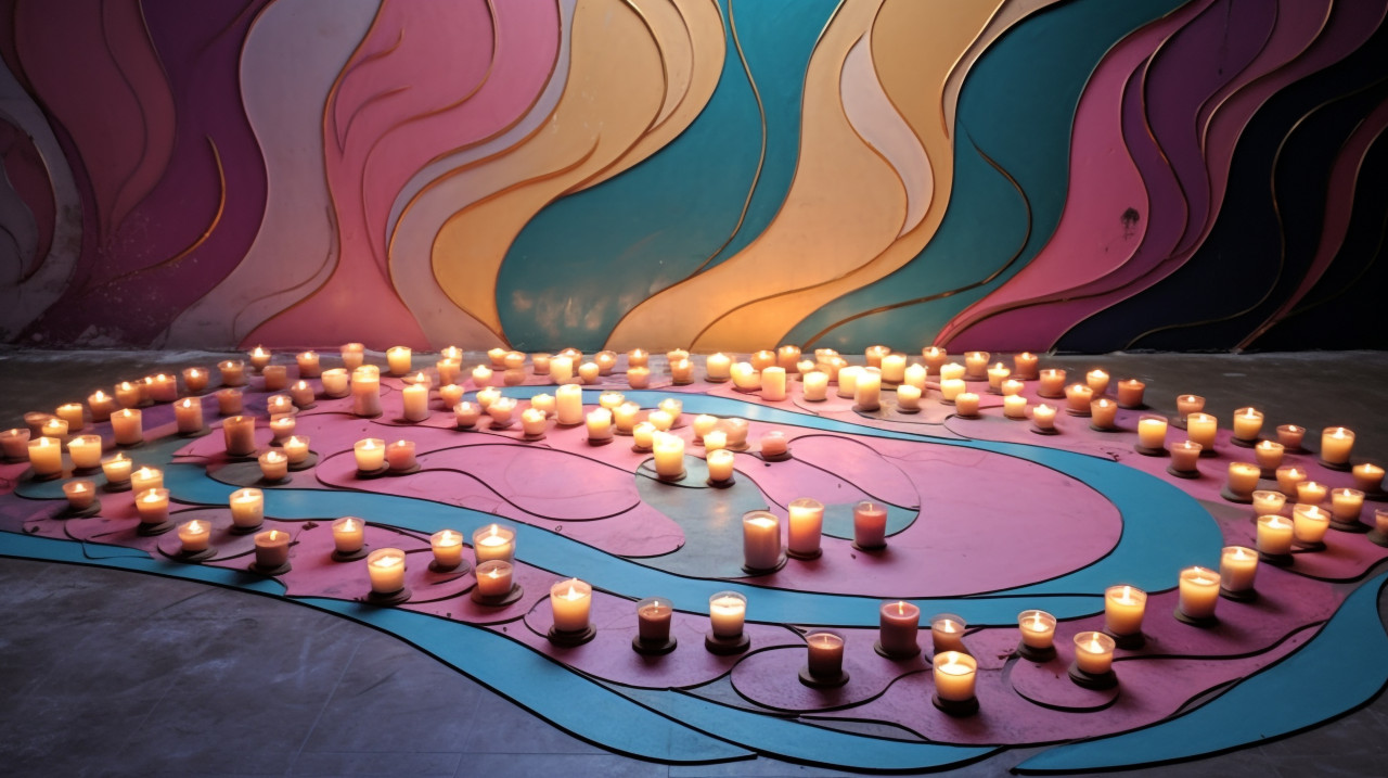 Colorful rangoli with candles on a table, diwali festival stock image, diwali festival ai prompt