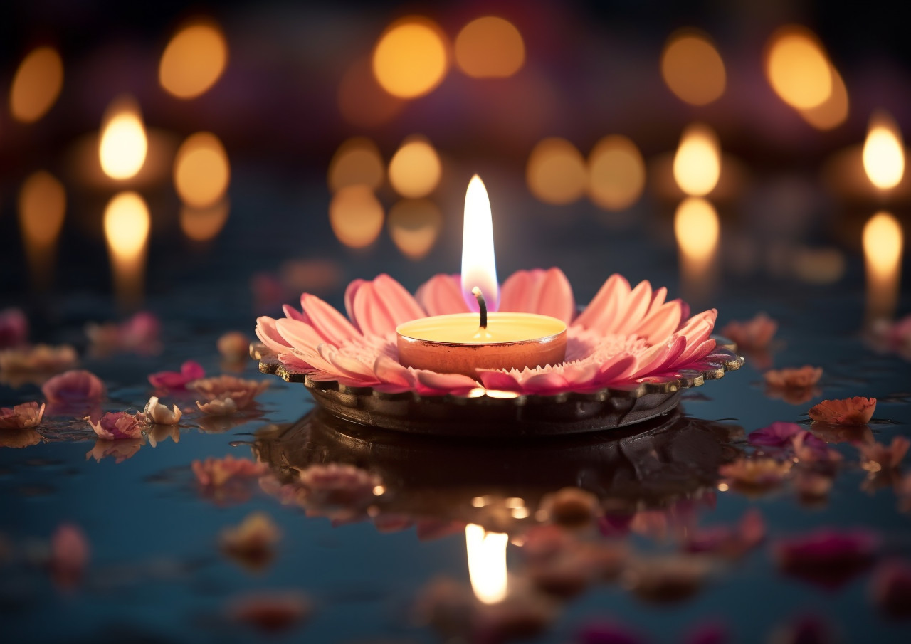 A diya floating in a pool of water, diwali festival stock image, diwali festival ai prompt