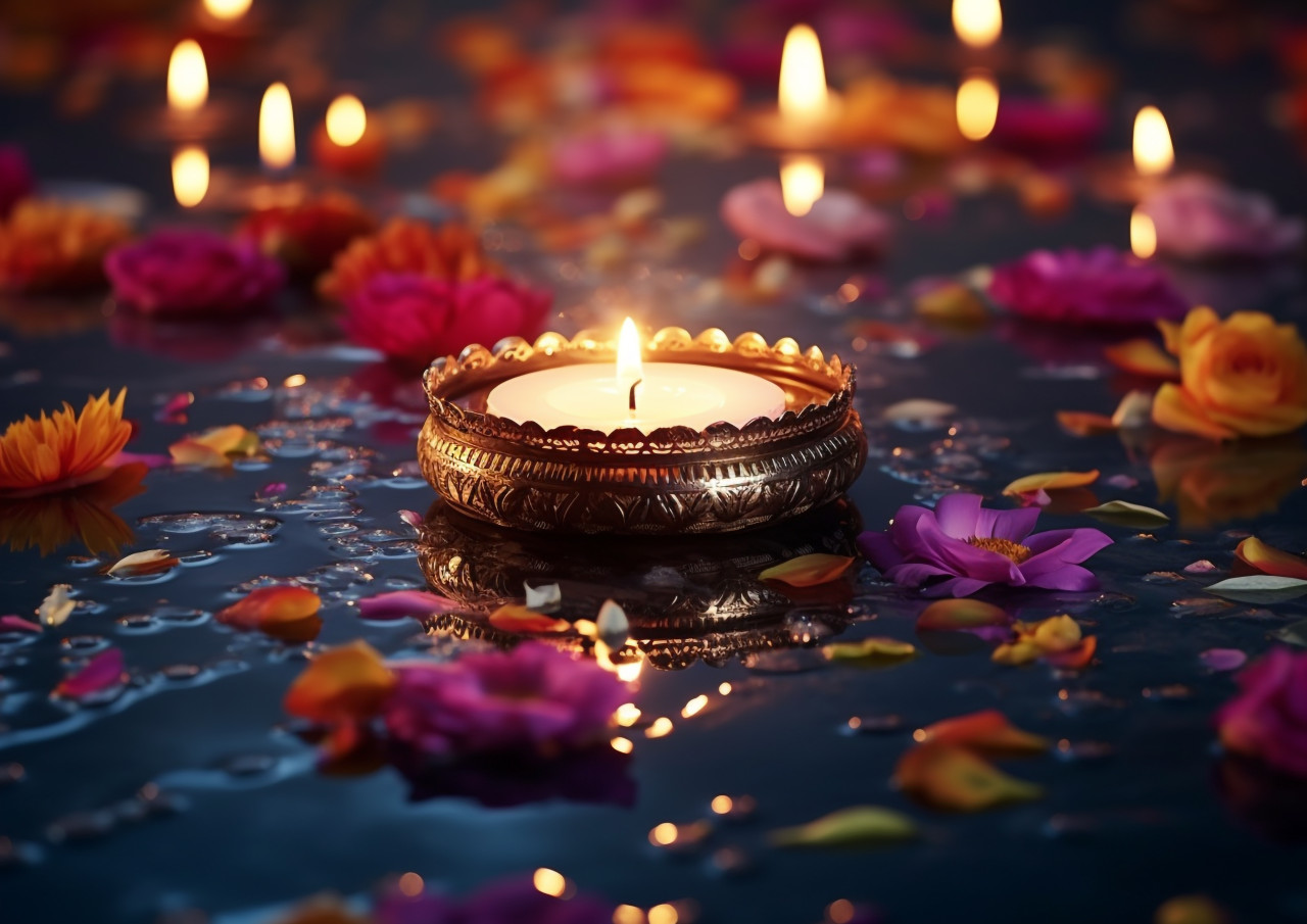 Lamp of hope floating on water, diwali festival stock image, diwali festival ai prompt