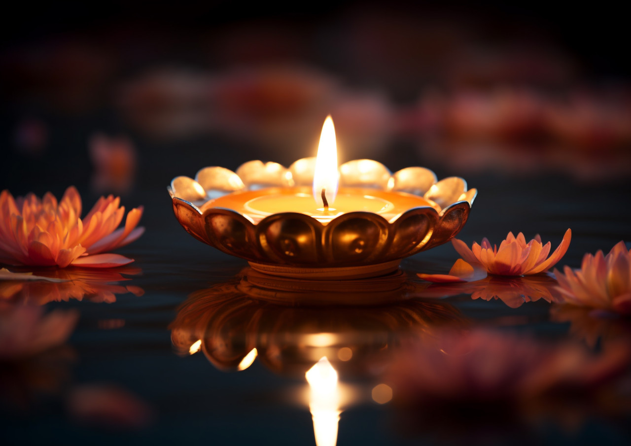 Diyas on the water, diwali festival stock image, diwali festival ai prompt