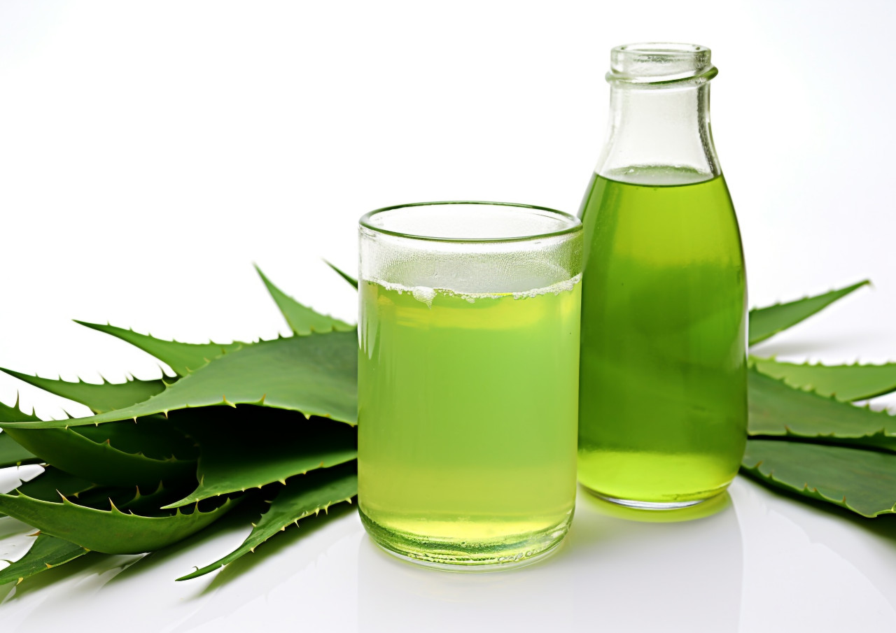 Fresh aloe vera juice with leaves, alovera leaf image