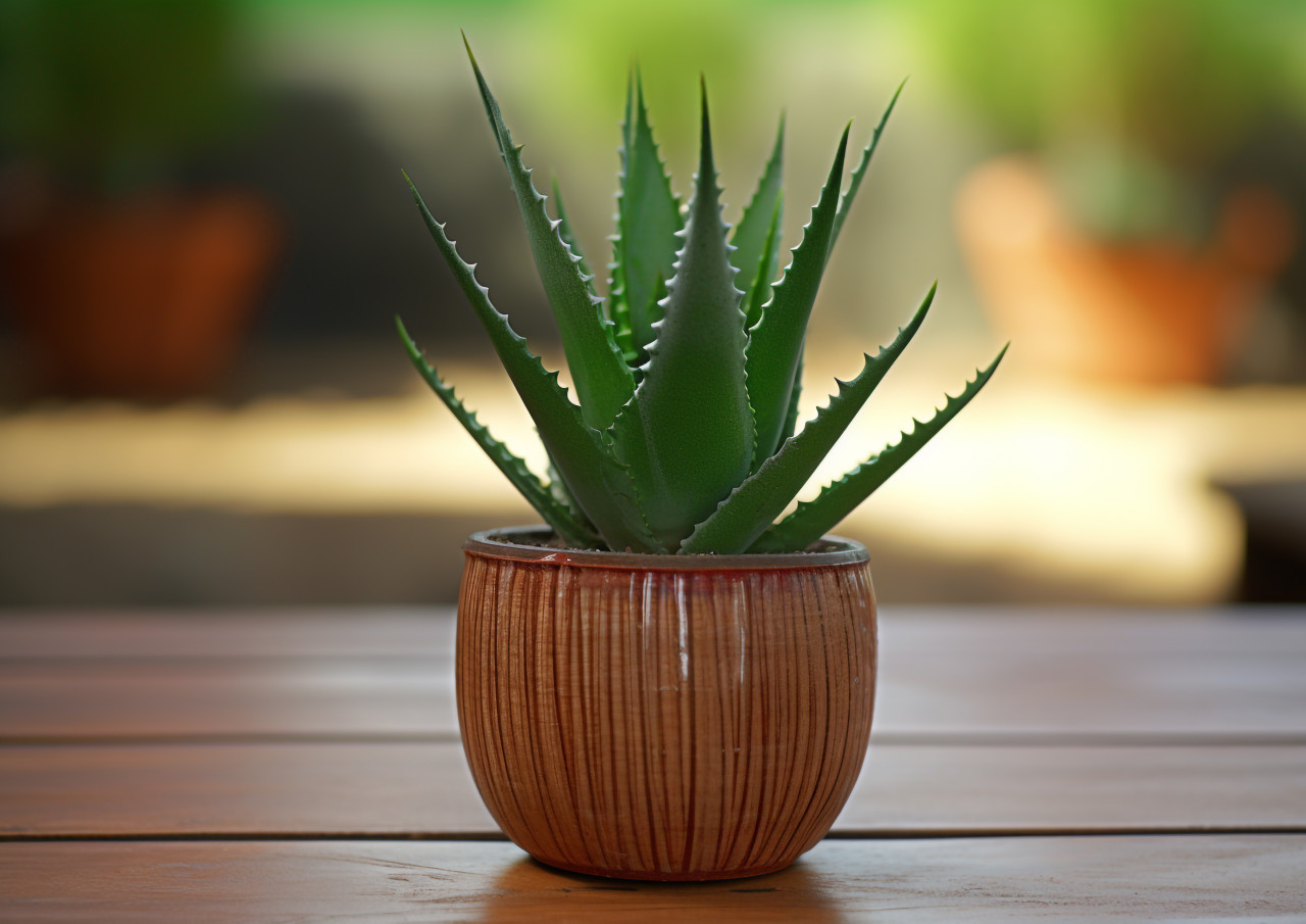 Potted aloe vera on a wooden surface, alovera leaf image