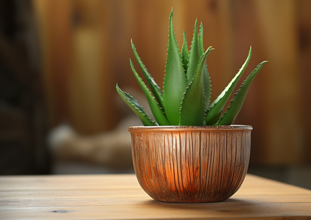 Aloe vera plant on wooden table, alovera leaf image