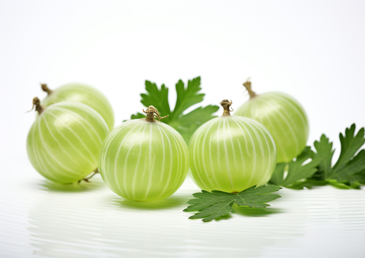 Three green gooseberries in front of a white background, gooseberry fruit image