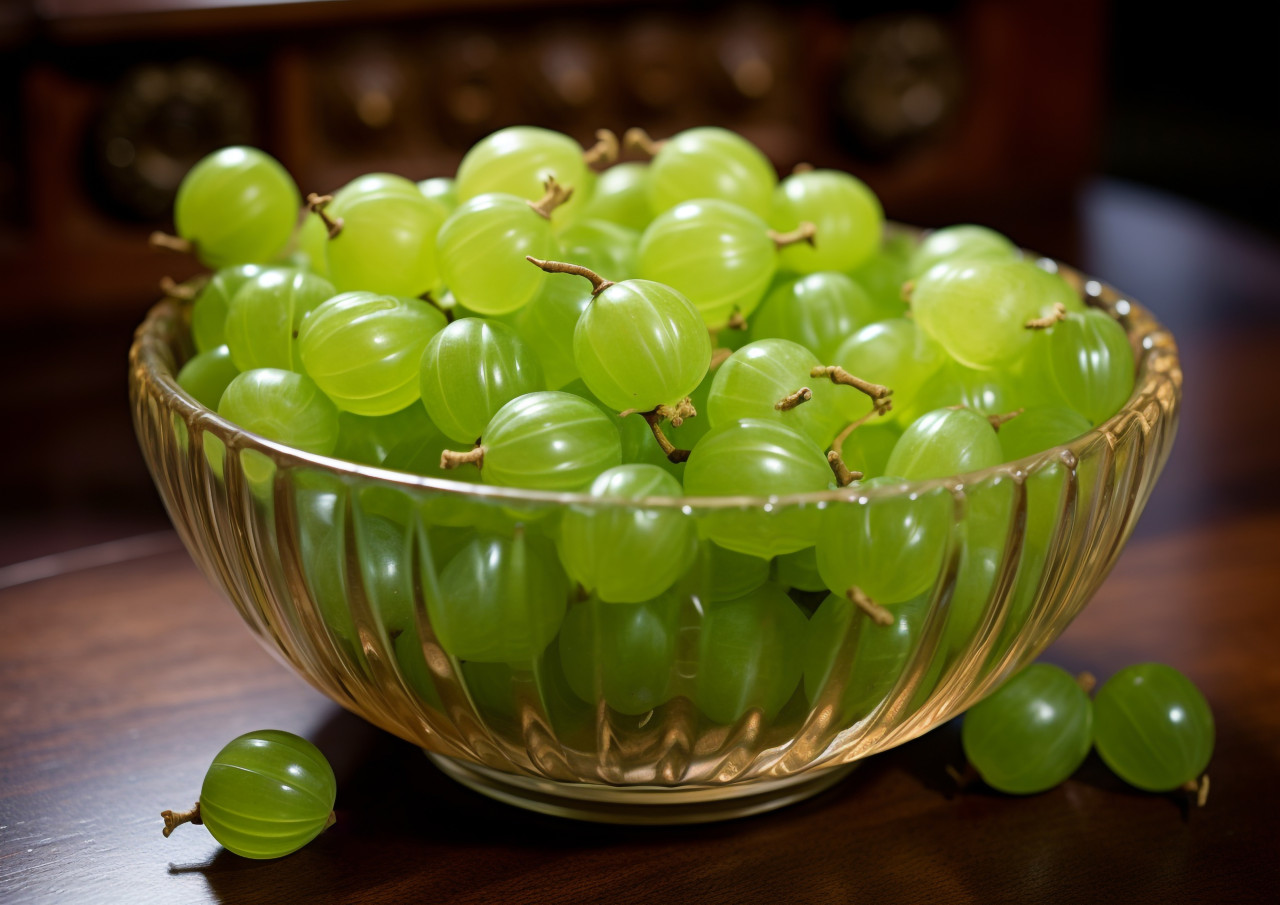 Green gooseberry fruits in a bowl, gooseberry fruit image