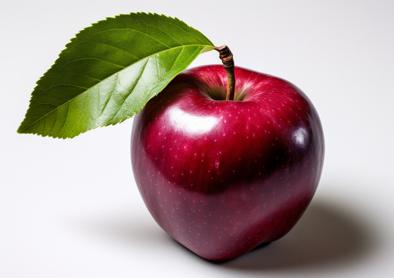 A red apple with green leaves on a white background, apple fruit image hd