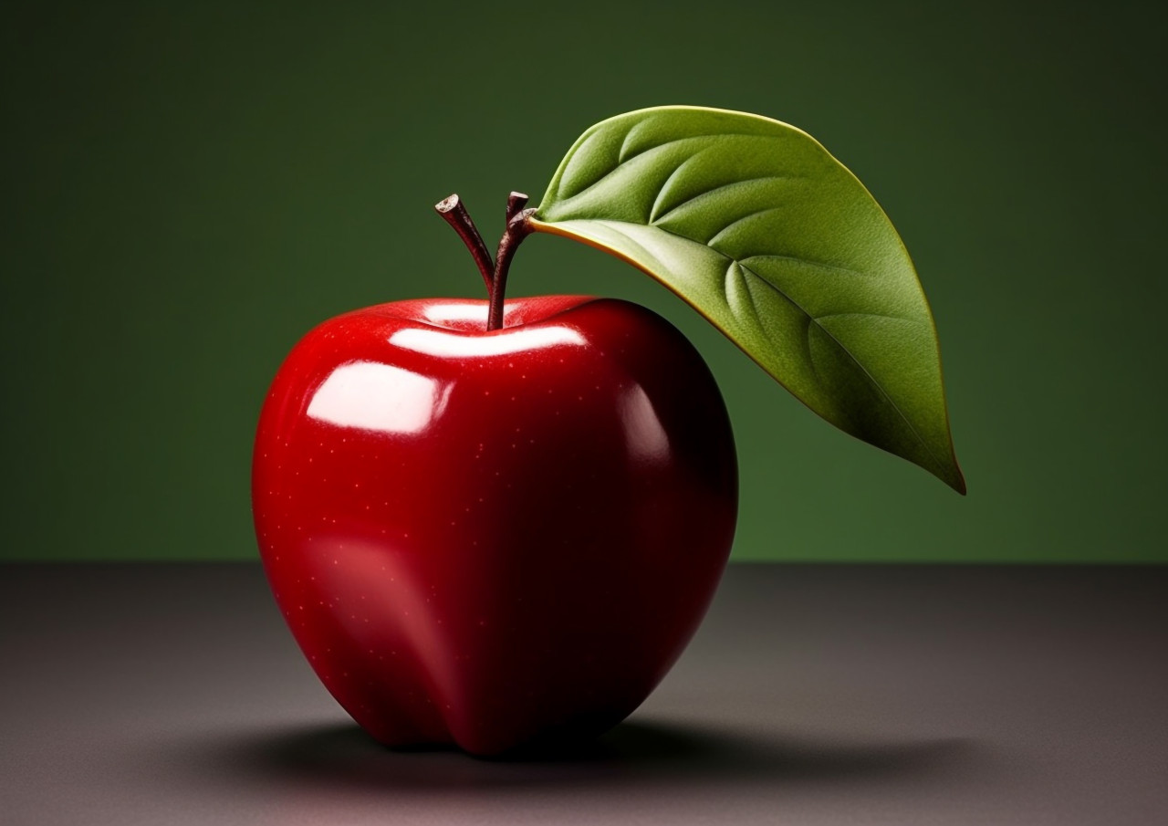 A red apple is shown with a green leaf, apple fruit image hd