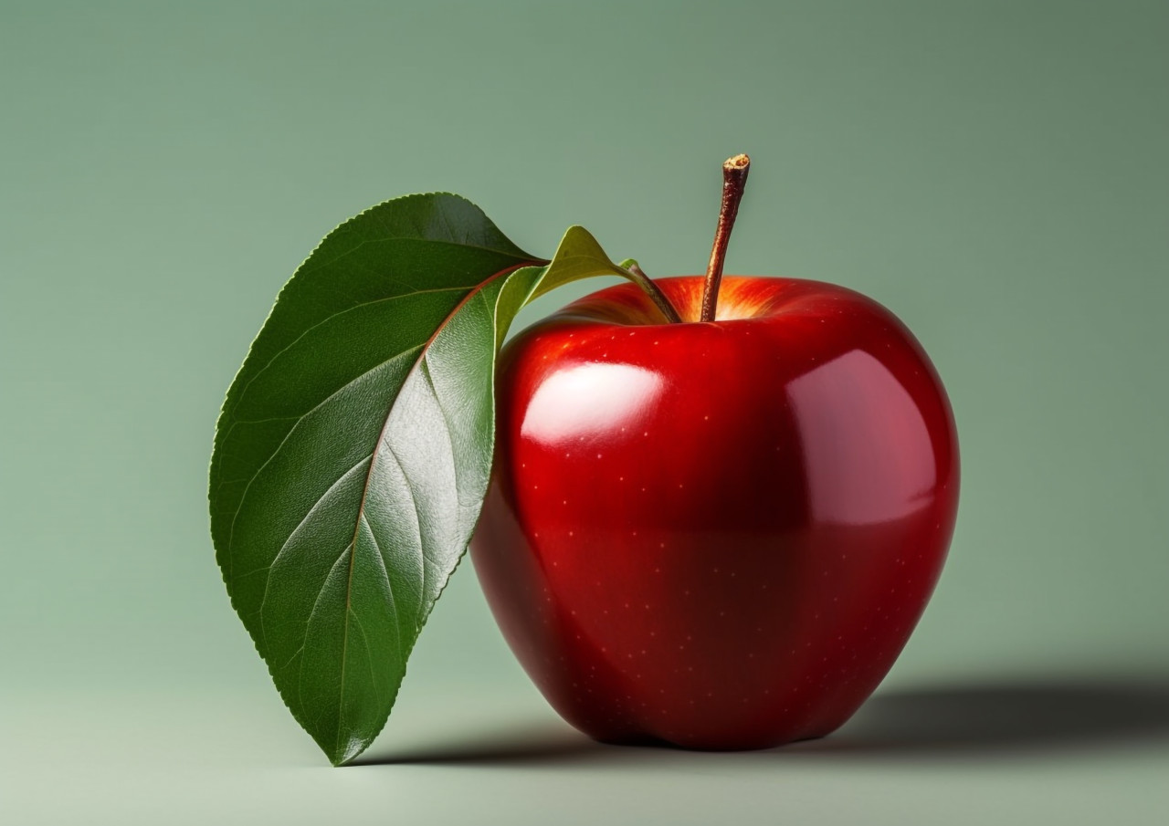 Ripe red apple with green leaves, apple fruit image hd
