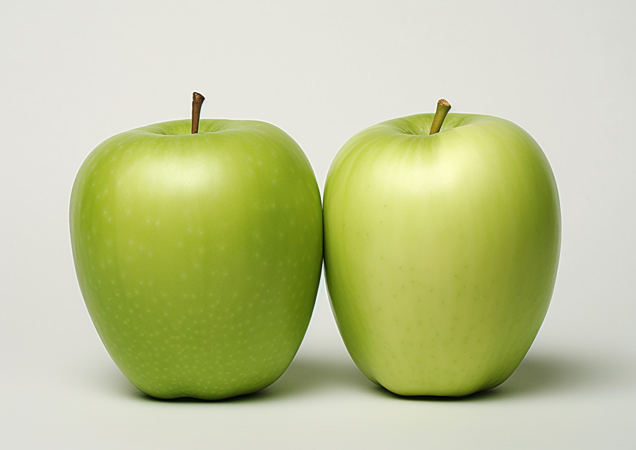 Two green apples one cut in half, apple fruit image hd