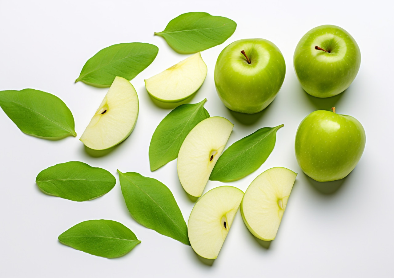 Fresh green apple slices with leaf, apple fruit image hd