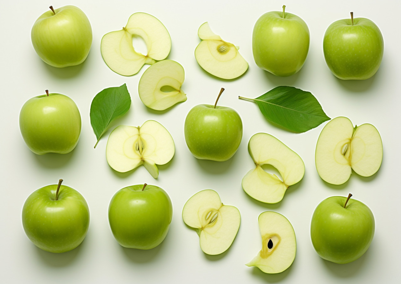 Different fresh slices of green apples with various leaves, apple fruit image hd