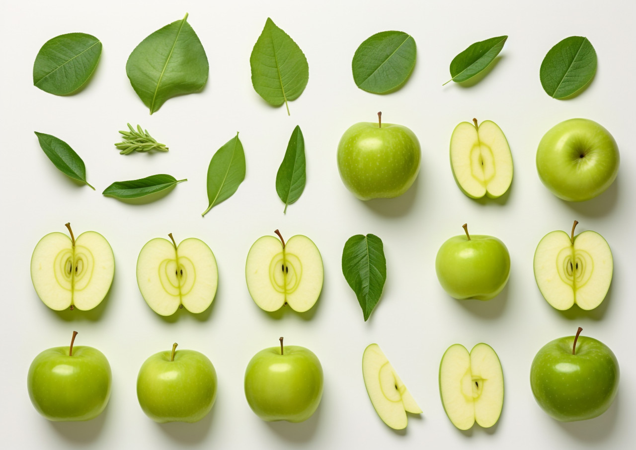 Green apple slices with leaves, apple fruit image hd