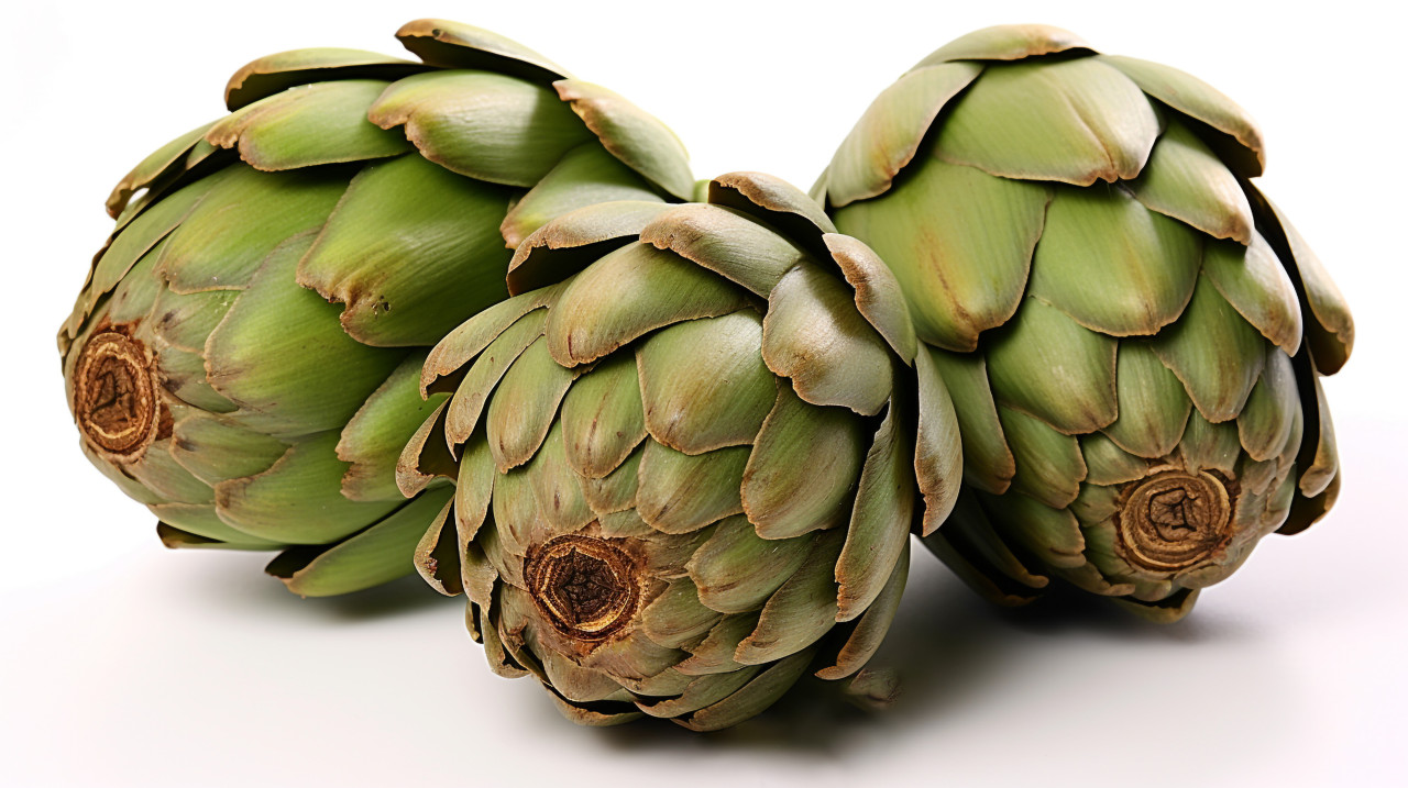 Three artichokes on a white background, artichoke image