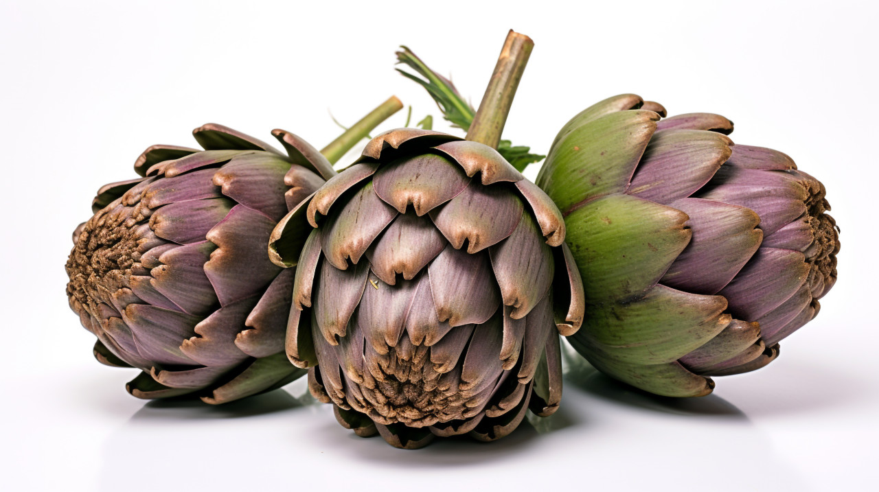 Three artichokes isolated on white, artichoke image