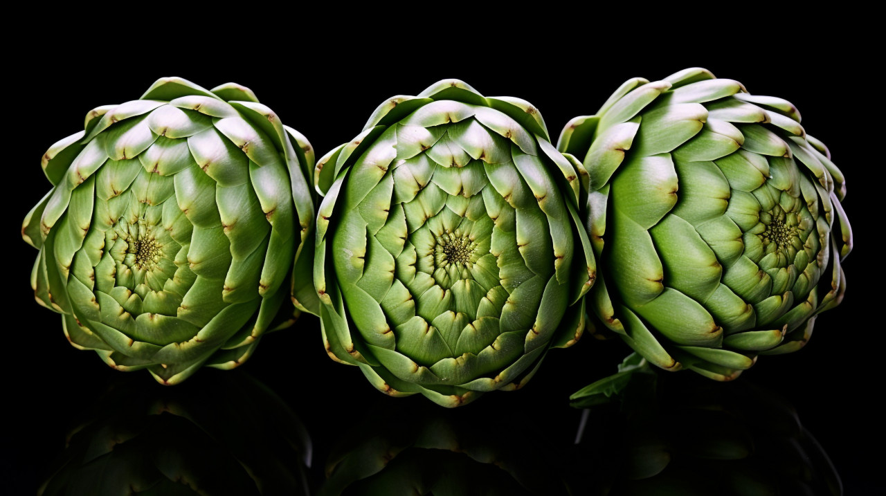 Three artichokes sit on a white backgrounds, artichoke image