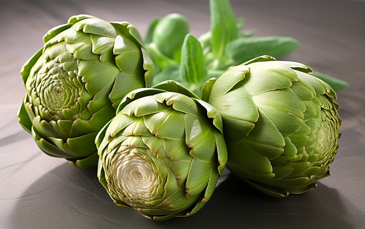 Three artichokes on a white background, artichoke image
