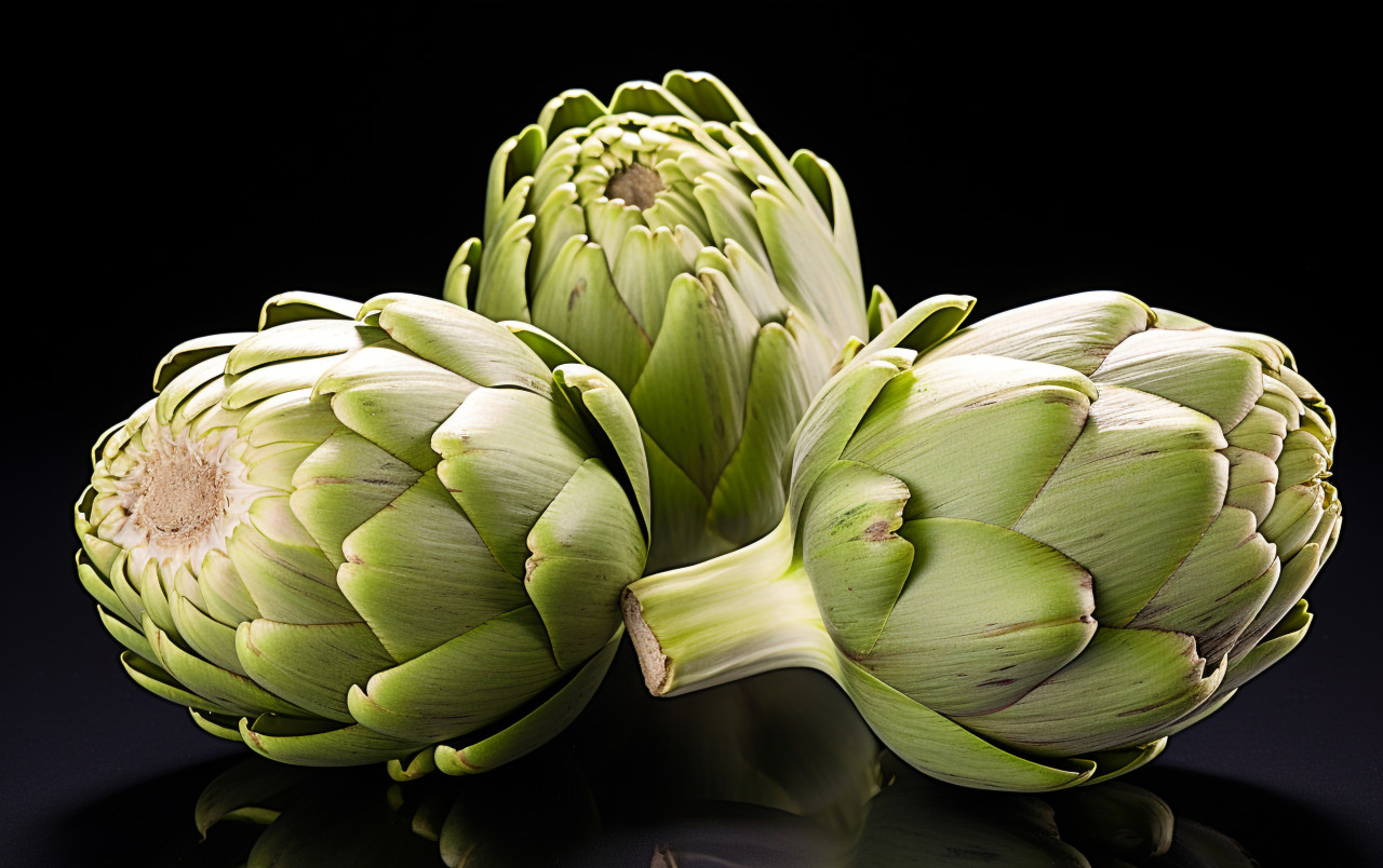 Close-up of three artichokes, artichoke image