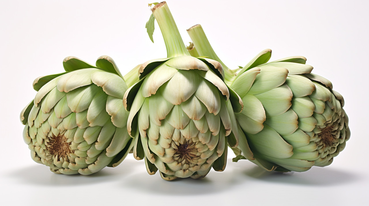 Three artichokes on white, artichoke image