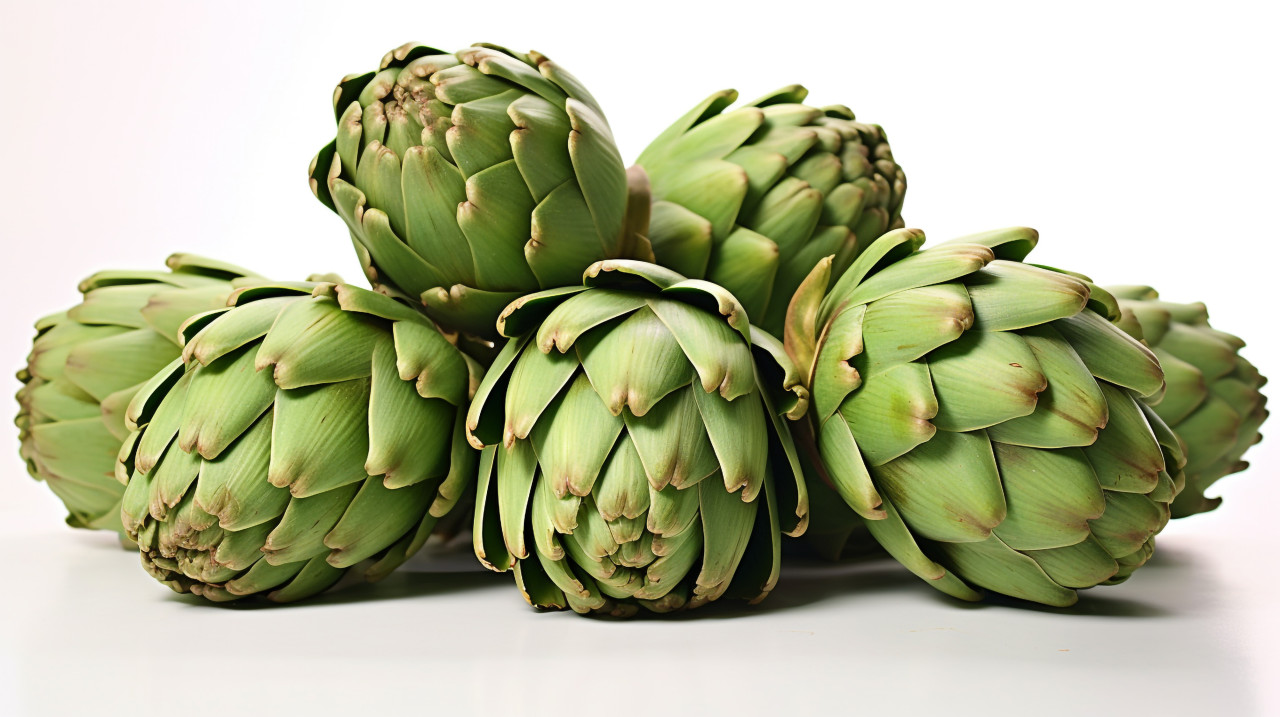 Several green artichokes on a white surface, artichoke image