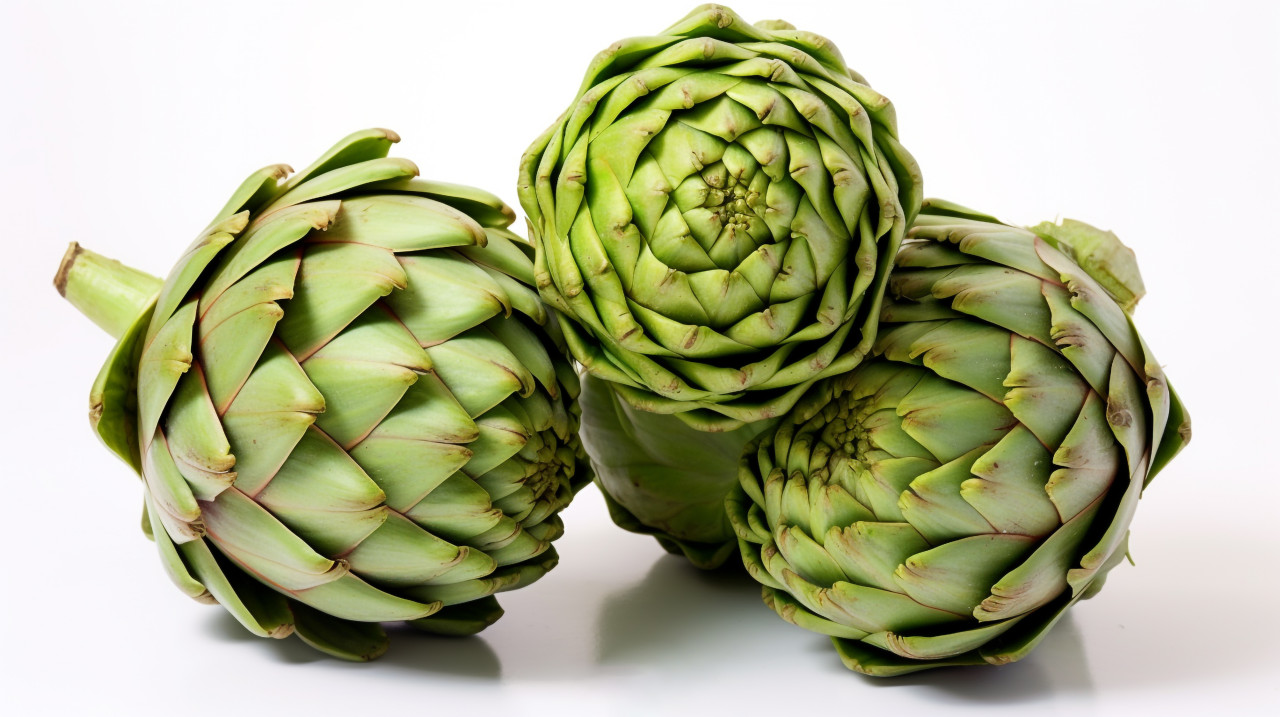 Three artichokes are being sliced on top of each other, artichoke image