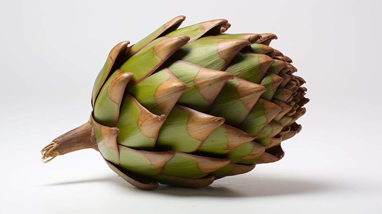 An artichoke is shown up close on a white surface, artichoke image