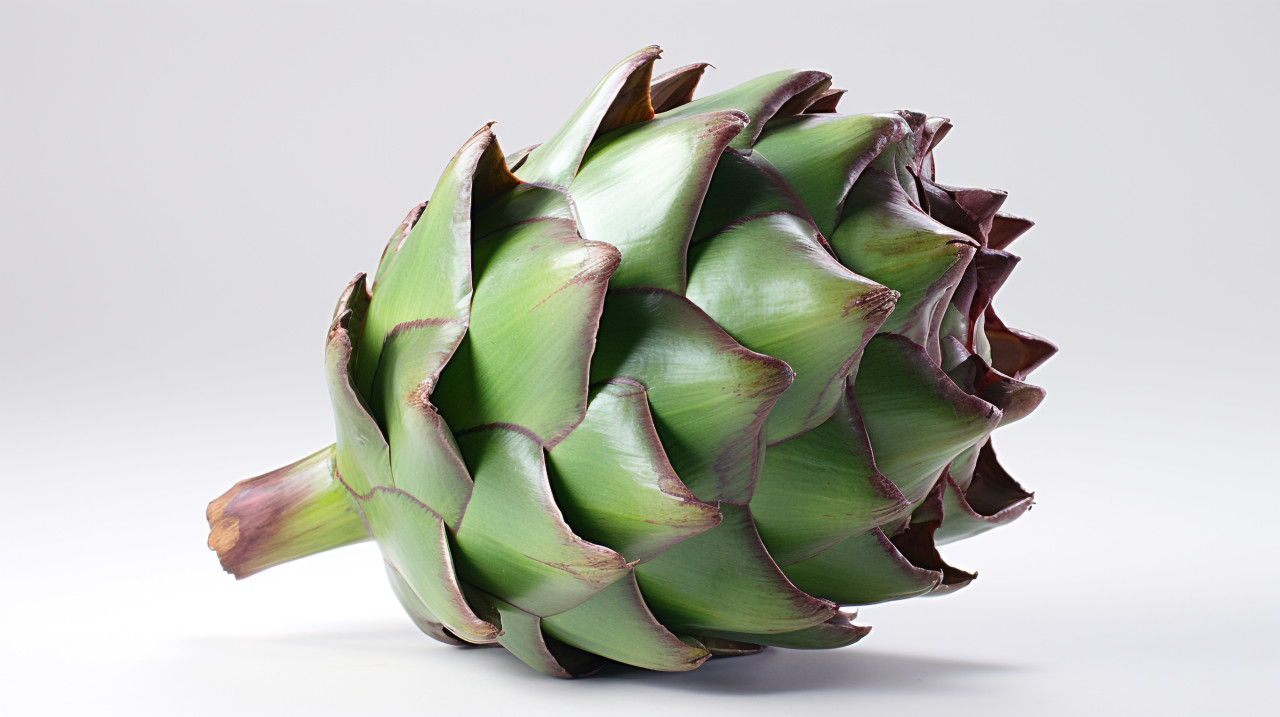 Single artichoke on white, artichoke image