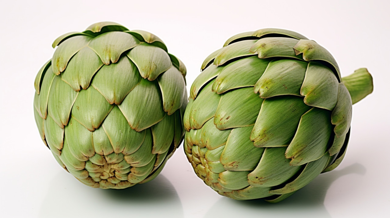 Two artichoke halves on white background, artichoke image