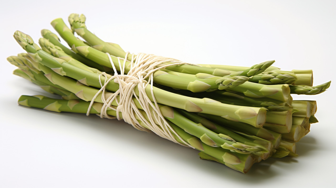 Asparagus bundled with white string, asparagus image