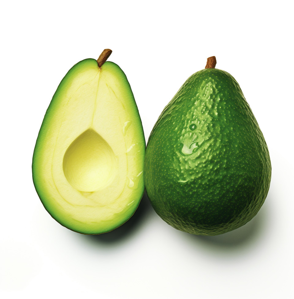 Two avocado halves on top of a white background, avocado image stock photo