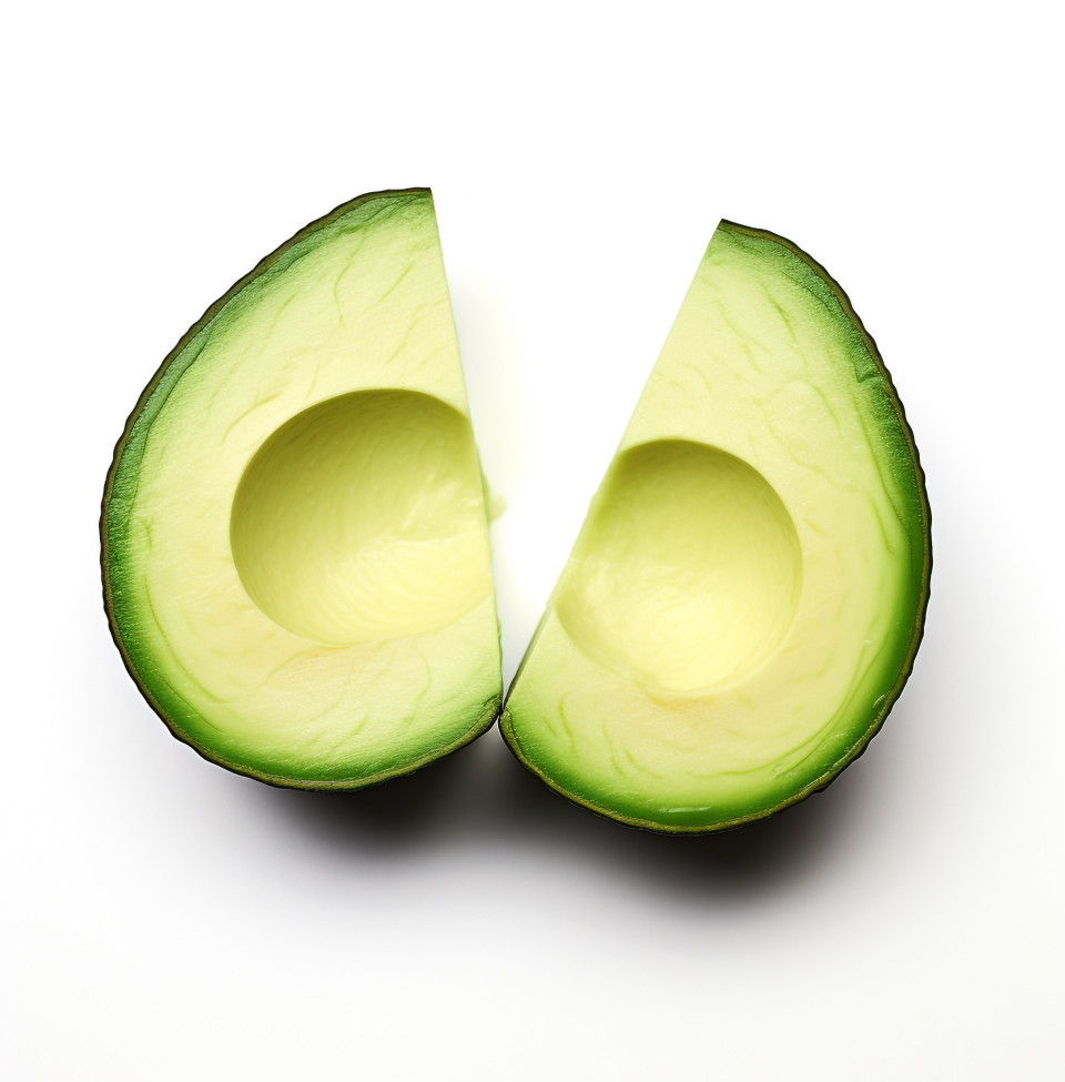 Two sliced avocados on a white background, avocado image stock photo