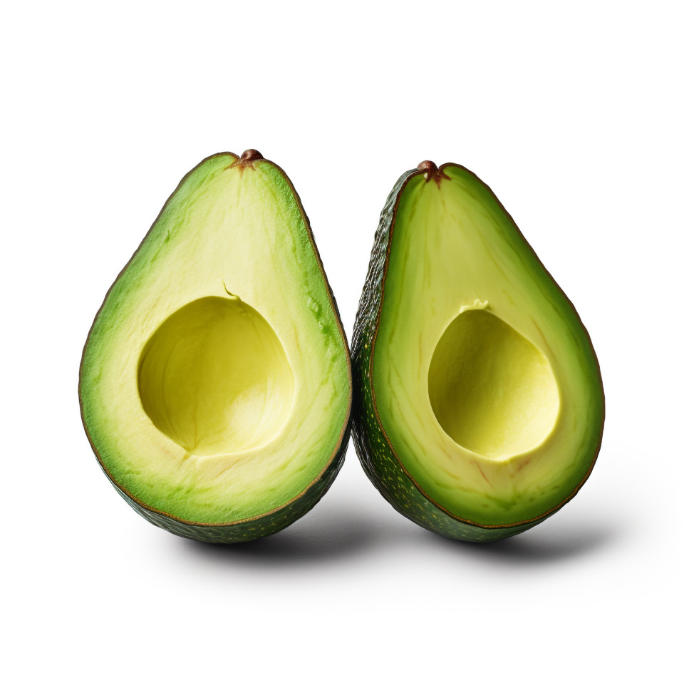 Two avocados with half of them cut in half on white background, avocado image stock photo