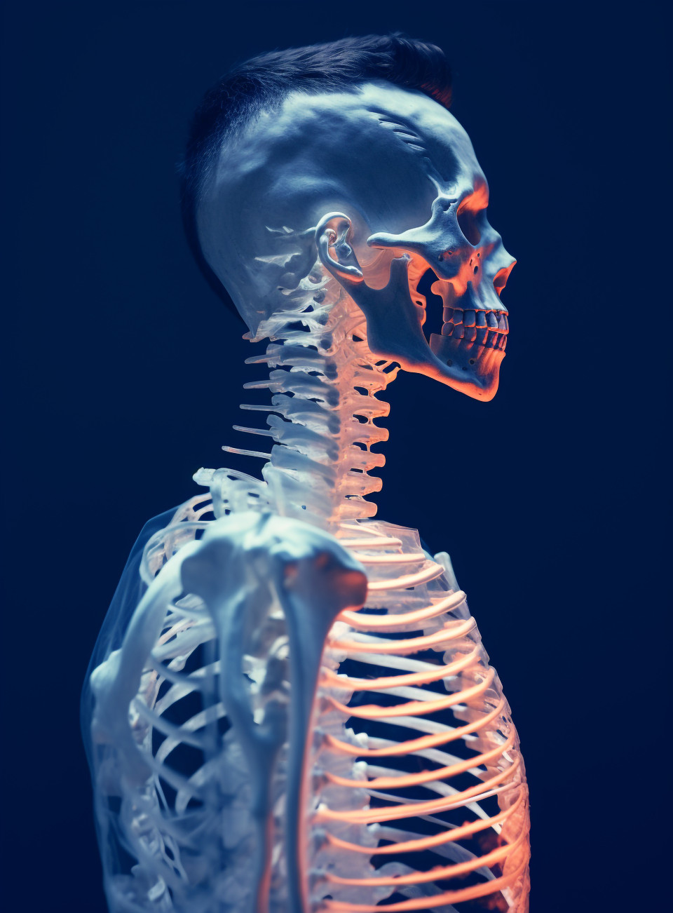 A person has a skeleton with a spine, human bone image