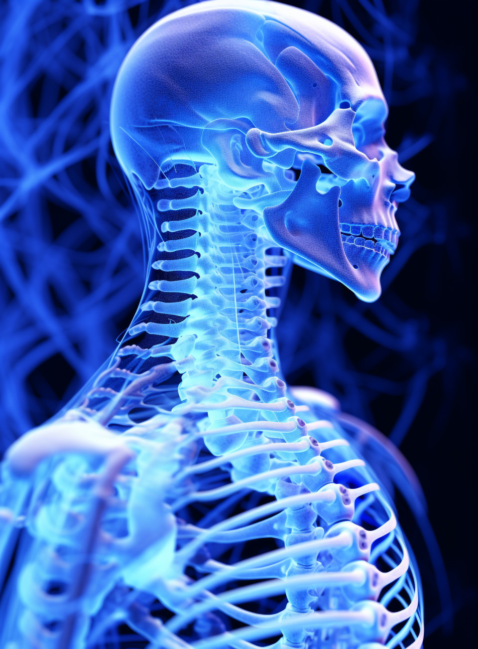 A skeleton with spinal cord is shown in the background, human bone image