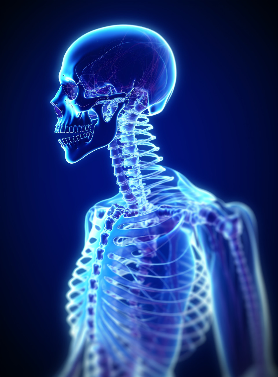 Vertebral column with spinal cord in detail, human bone image