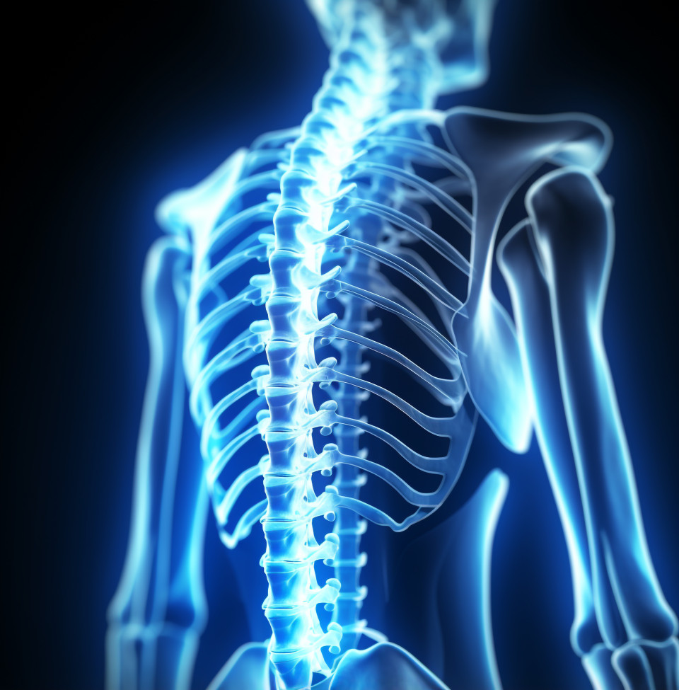 Woman with back pain, human bone image