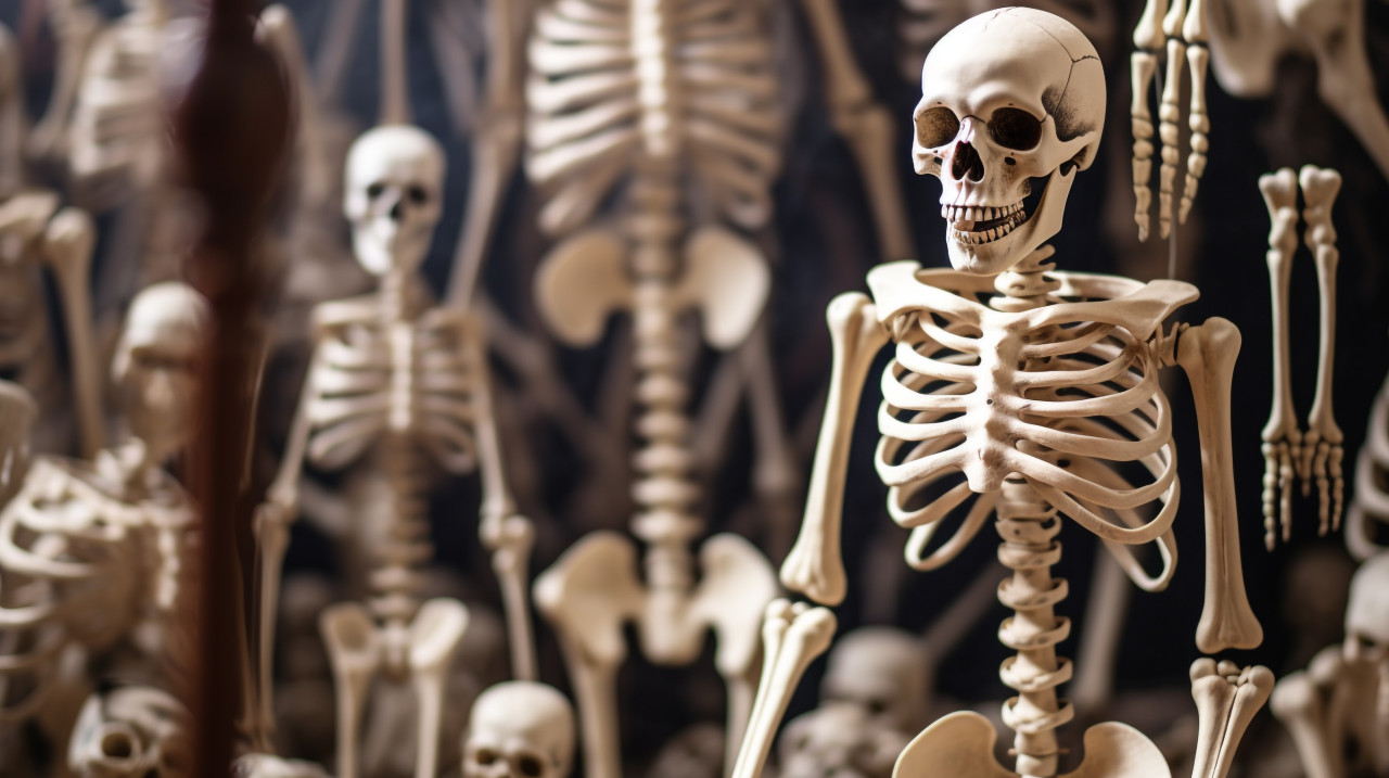 A skeleton standing next to spider webs, human bone image