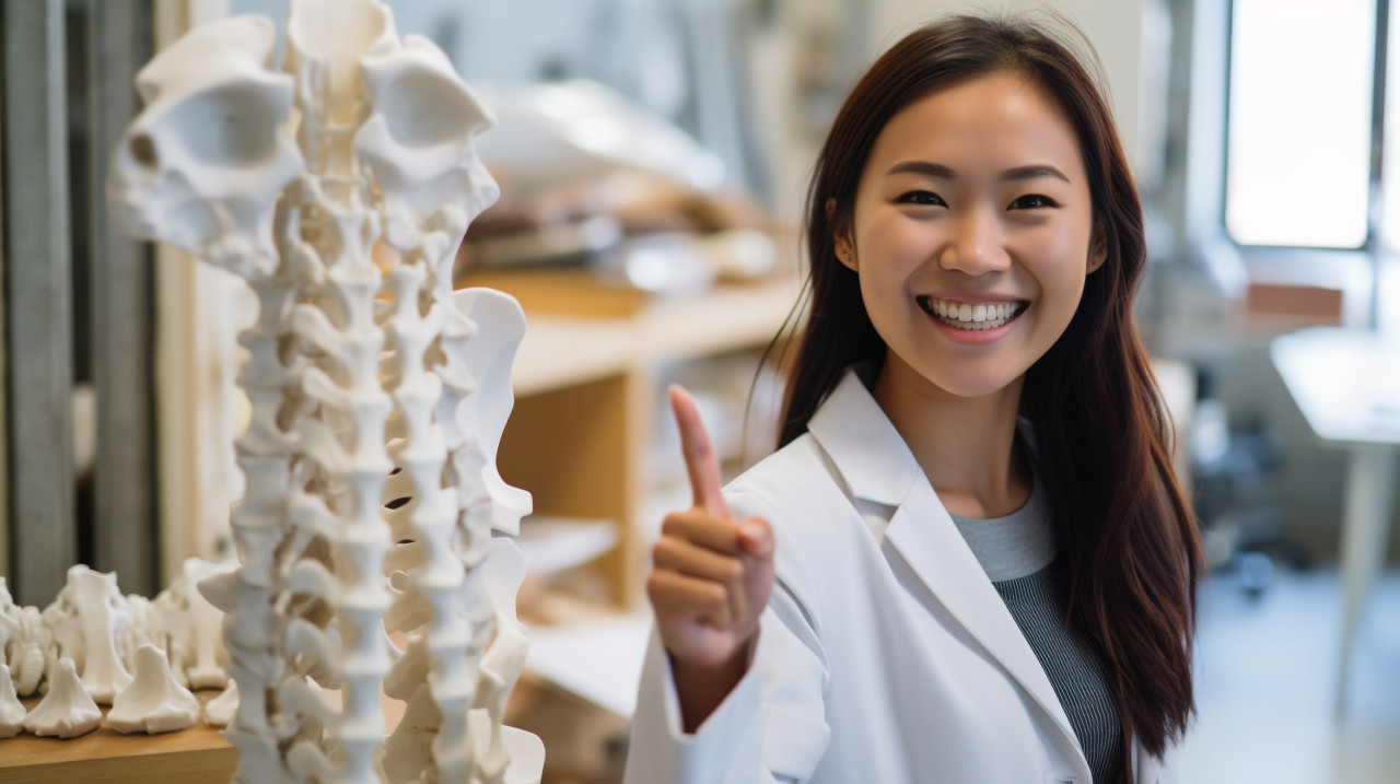 An asian doctor is showing her thumbs up, human bone image