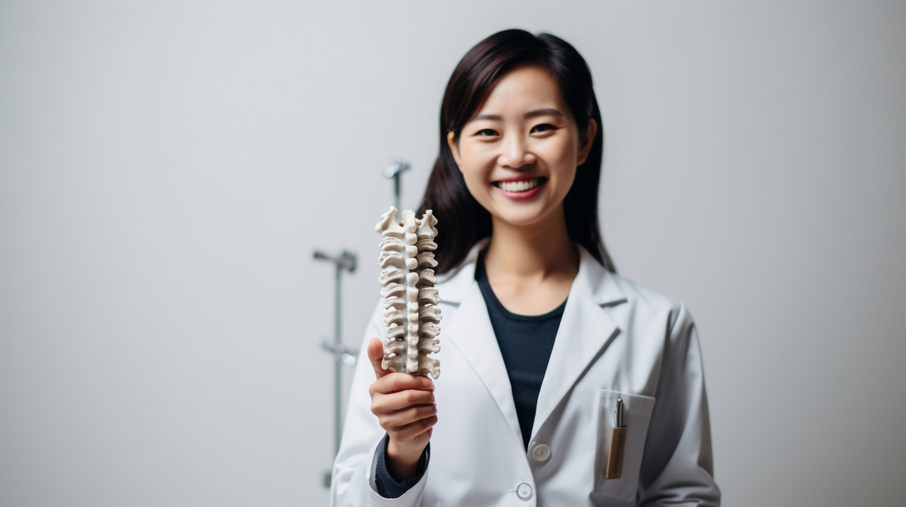 Asian doctor shows thumbs up with spine model, human bone image