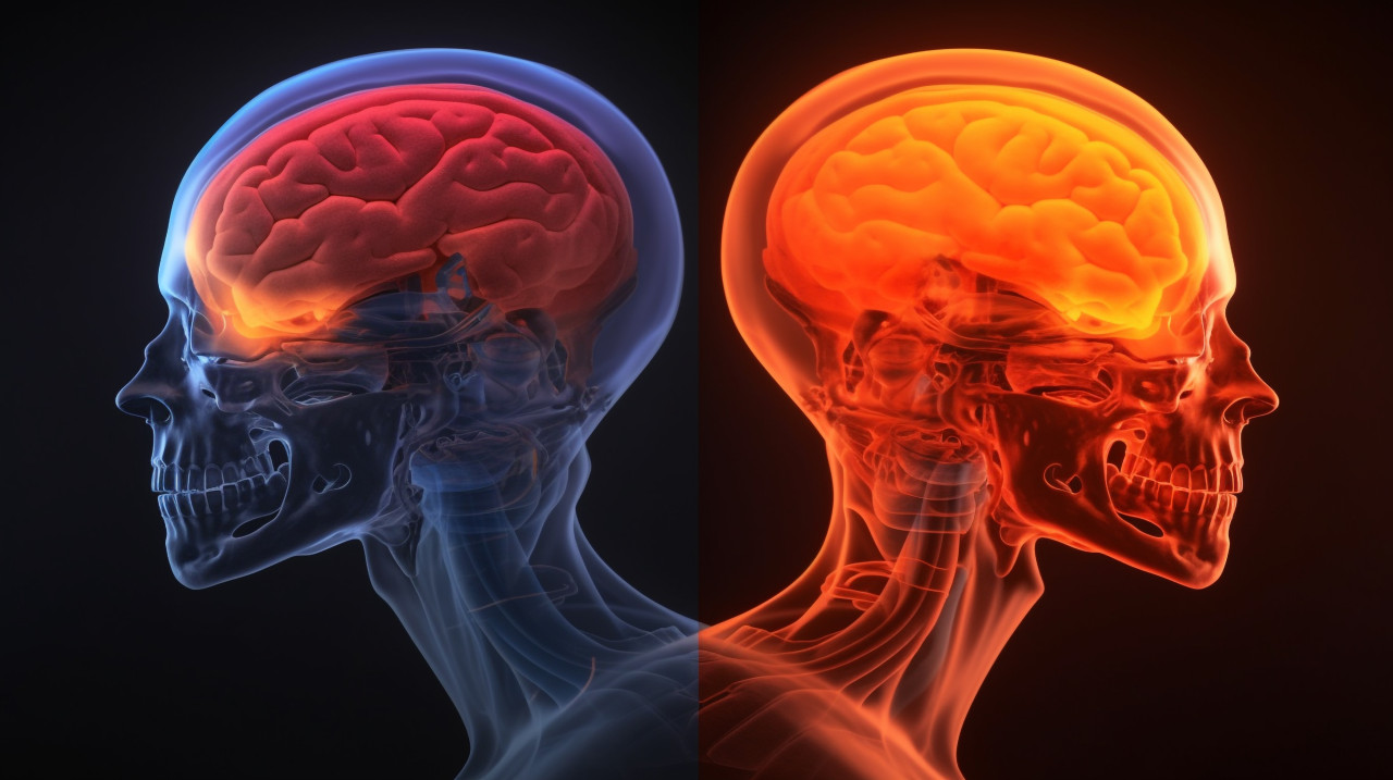 A man's head depicts a human brain with red light, human brain image